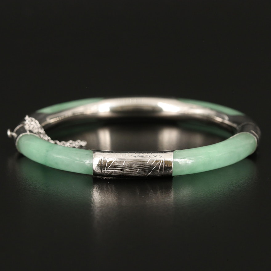 Chinese Sterling Jadeite Hinged Bangle