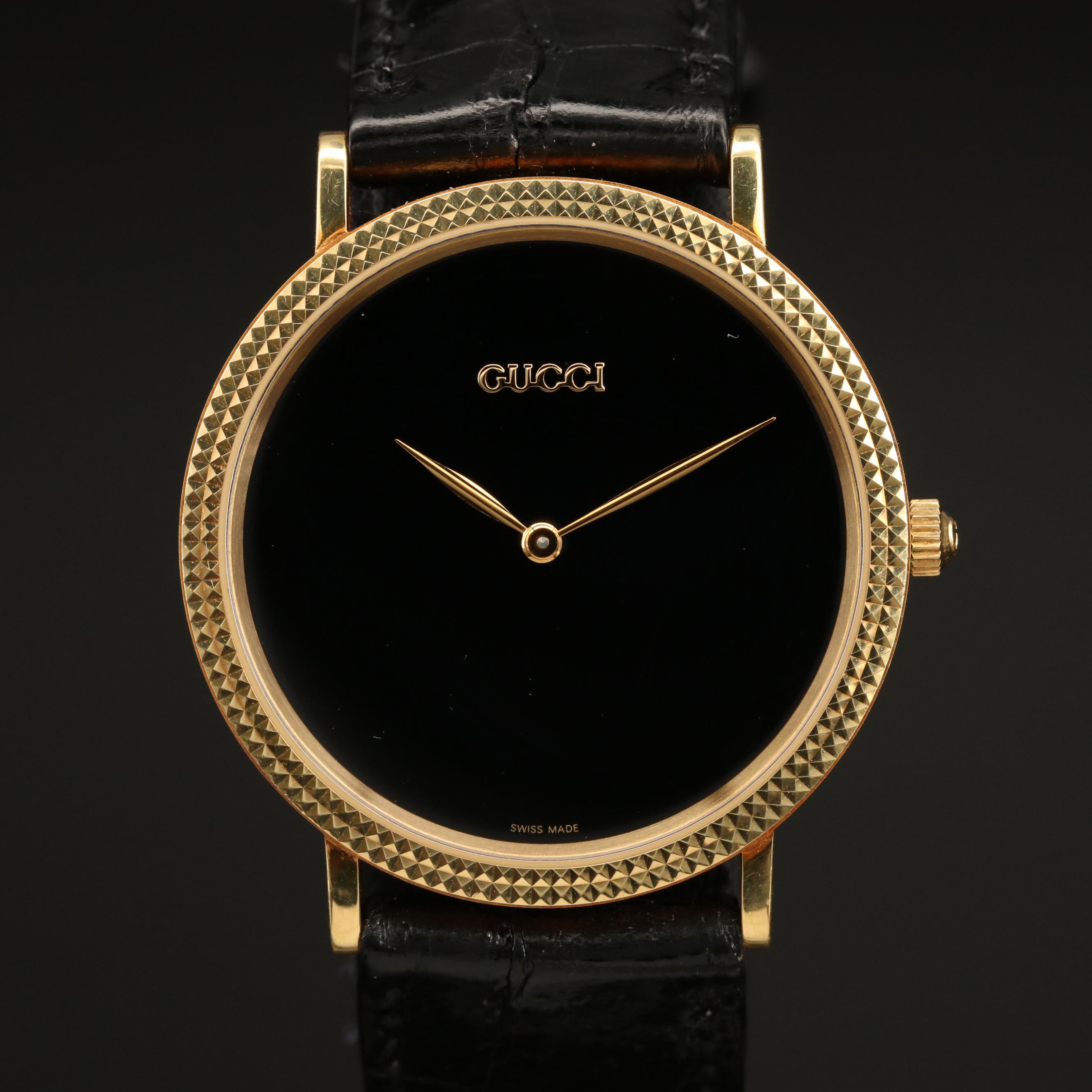Gucci 18K Hobnail Bezel and Black Dial Watch