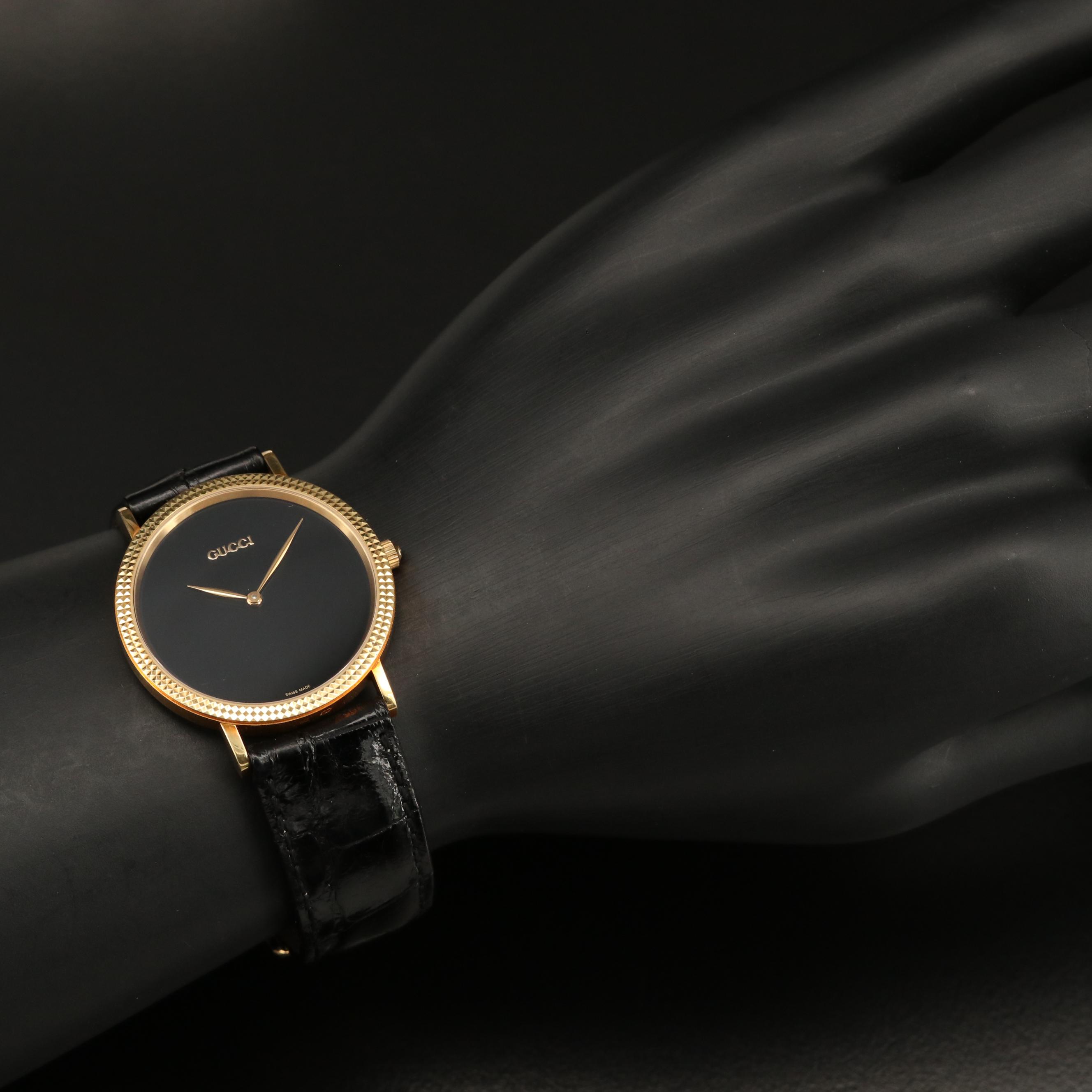 Gucci 18K Hobnail Bezel and Black Dial Watch
