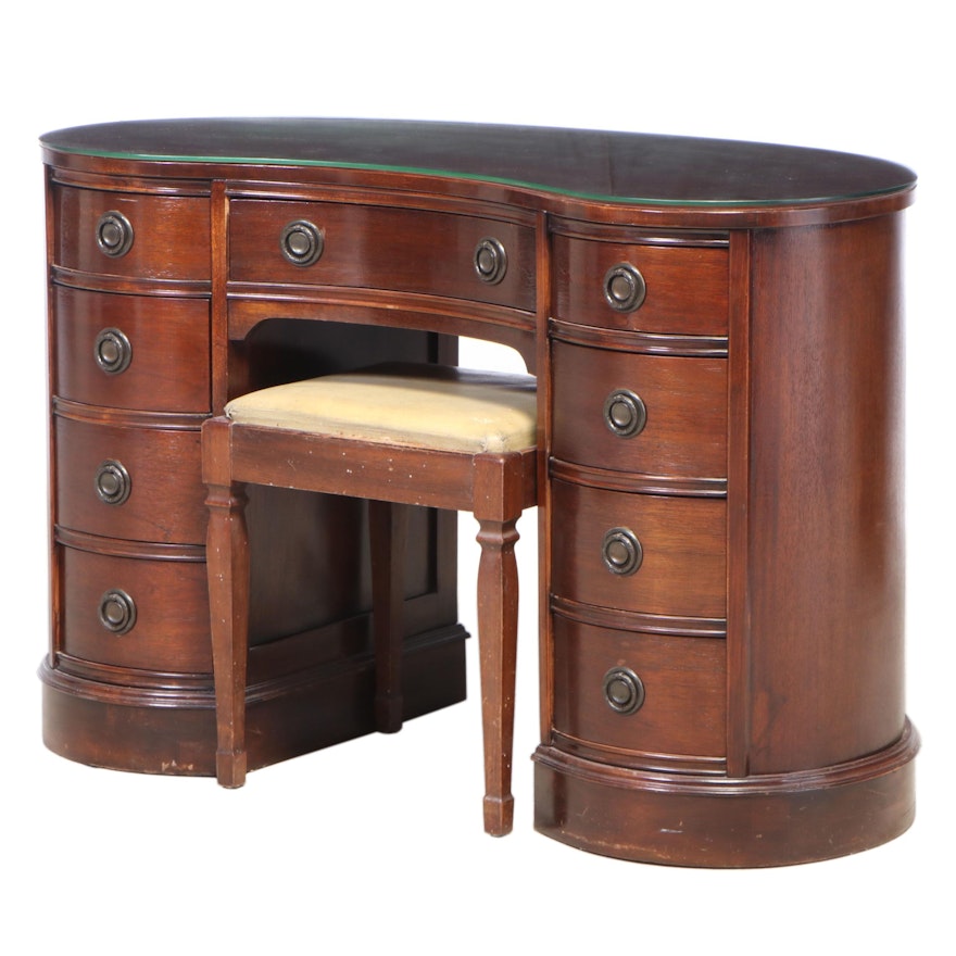 Federal Style Mahogany Kidney-Shaped Kneehole Desk and Stool