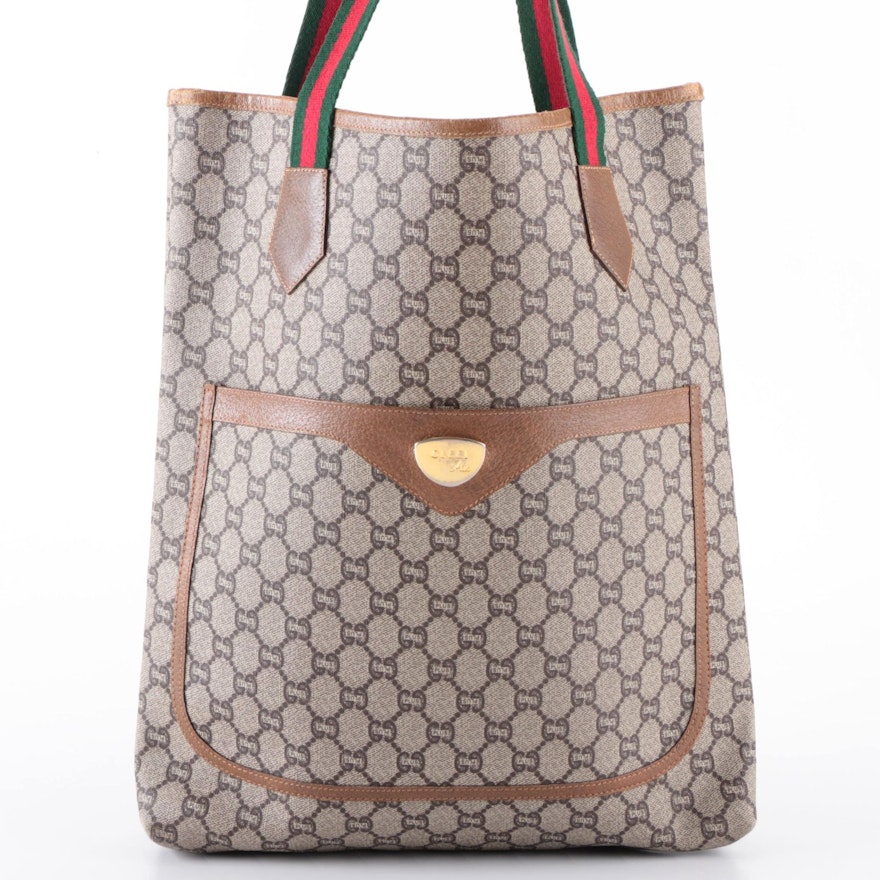Gucci Plus Vertical Shoulder Tote in GG Coated Canvas and Leather with Web Strap