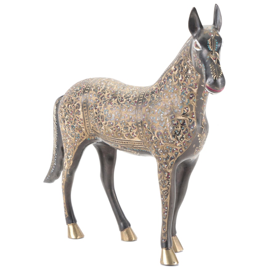 Indian Engraved and Enameled Brass Horse Figurine, Late 20th Century