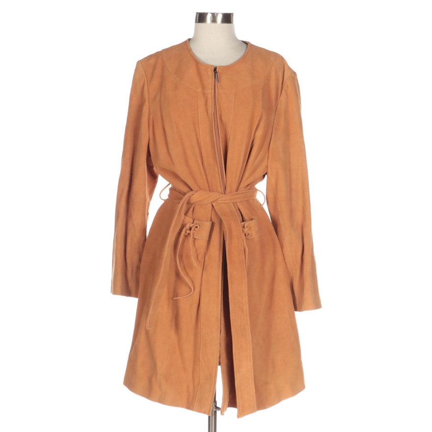 Terry Lewis Suede Collarless Zipper-Front Coat with Tie Belt