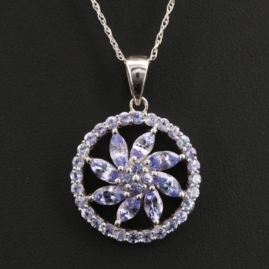 Sterling Tanzanite Flower Pendant Necklace