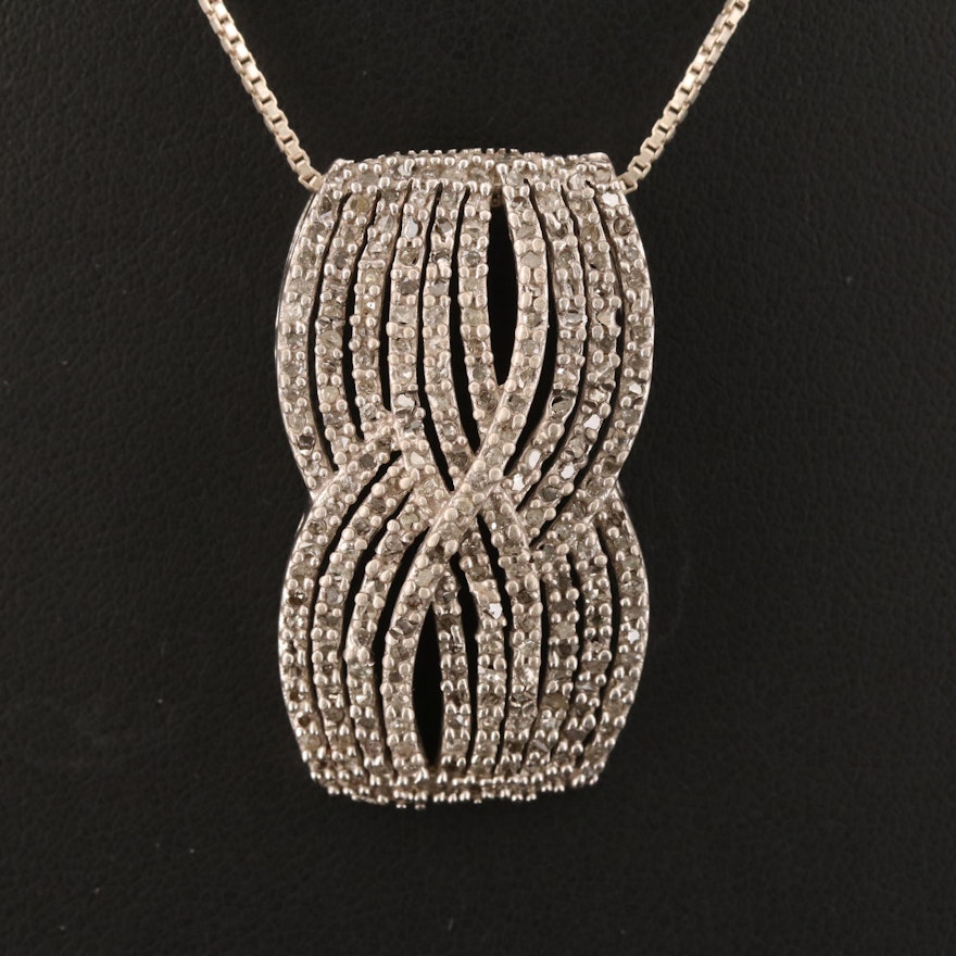 Italian Sterling Diamond Ribboned Pendant Necklace