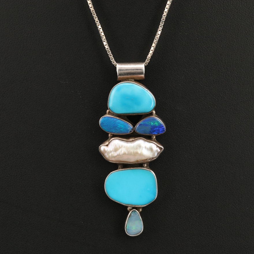 Sterling Pearl, Opal Doublet and Turquoise Pendant Necklace