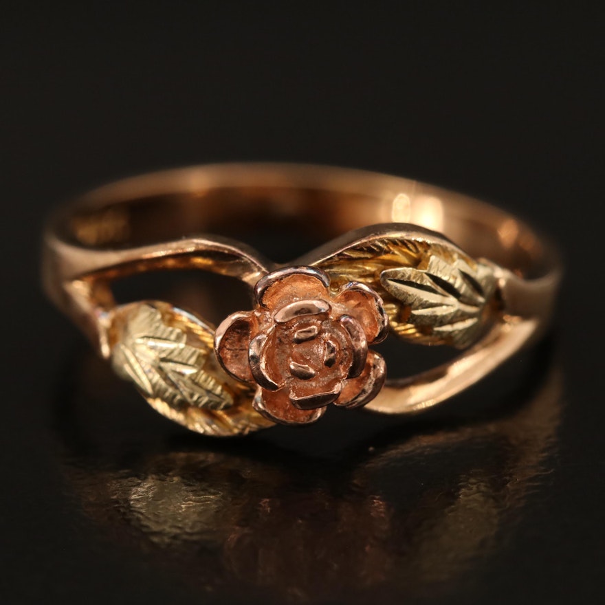 10K Tri-Color Gold Floral Ring with Rose and Green Gold Accents