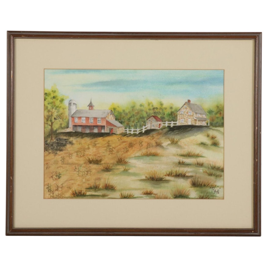 Bucolic Farm Landscape Watercolor Painting, Late 20th-21st Century