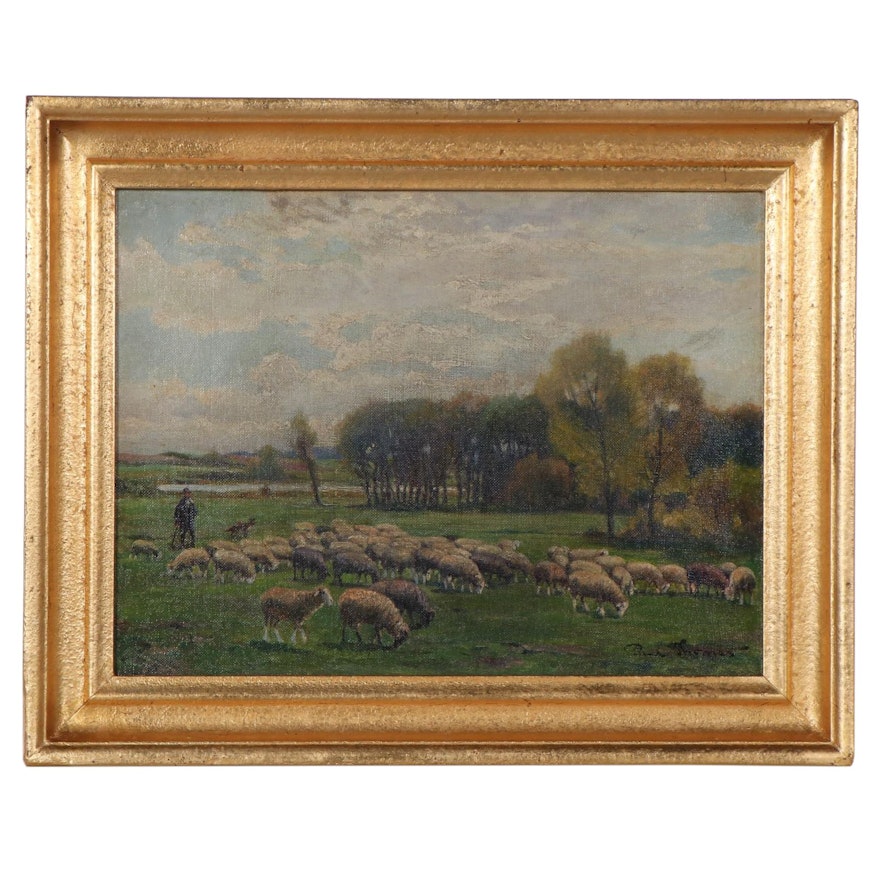 Paul Thomas Landscape Oil Painting "Sheep Herder," Early 20th Century