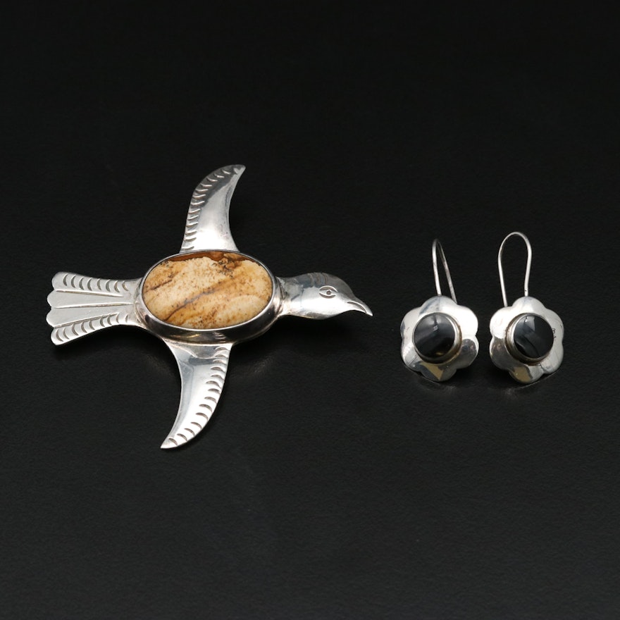 Mexican Sterling Jasper Bird Brooch with Black Onyx Drop Earrings