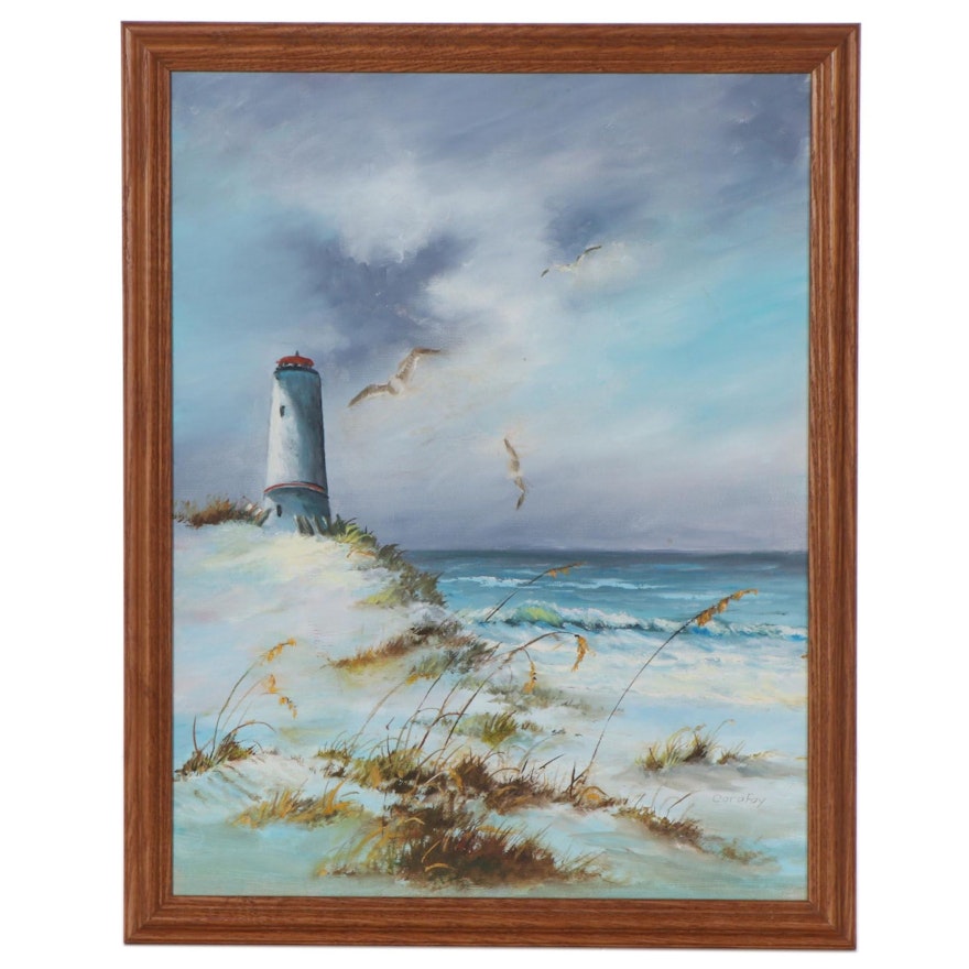 Cora Fay Oil Painting of Lighthouse, Late 20th Century