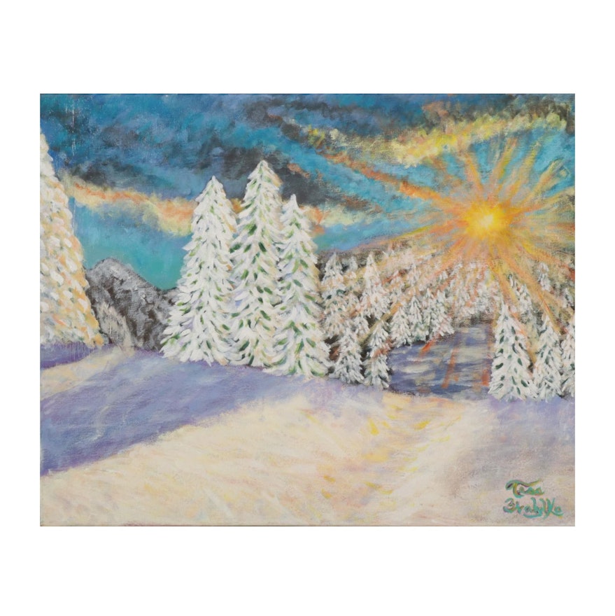 Sunrise Over Snowy Mountainside Acrylic Painting