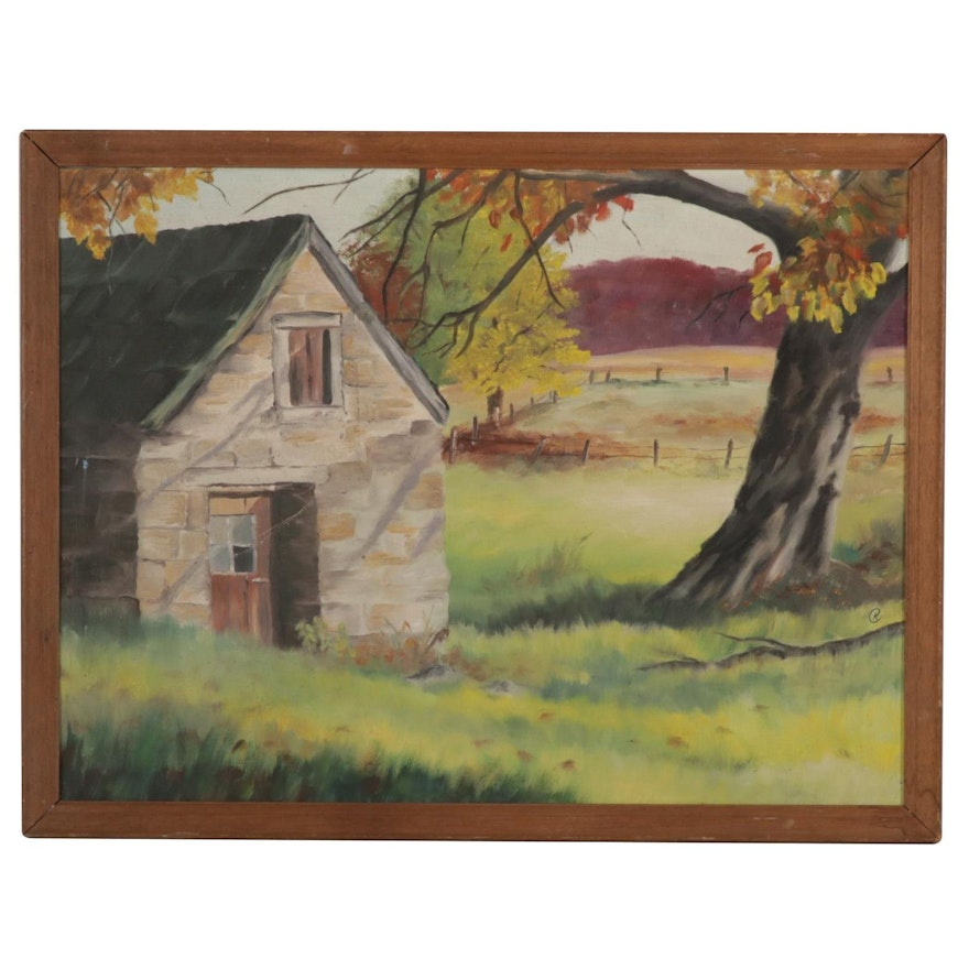Karen Coffman Oil Painting of Old Barn in Autumn, 1975