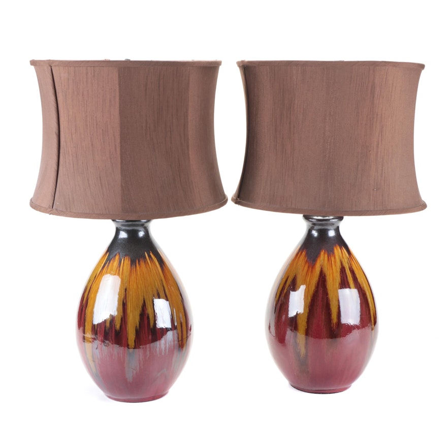 Pair of Red, Yellow, and Black Glazed Ceramic Table Lamps