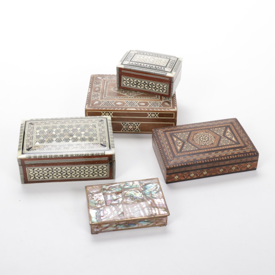 Hand-Crafted Abalone, Mother of Pearl, Bone Inlaid Wood and Brass Trinket Boxes