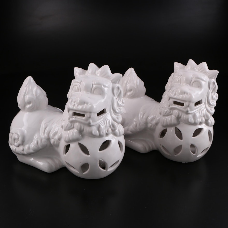 Pair of East Asian Style Ceramic Guardian Lion Figurines