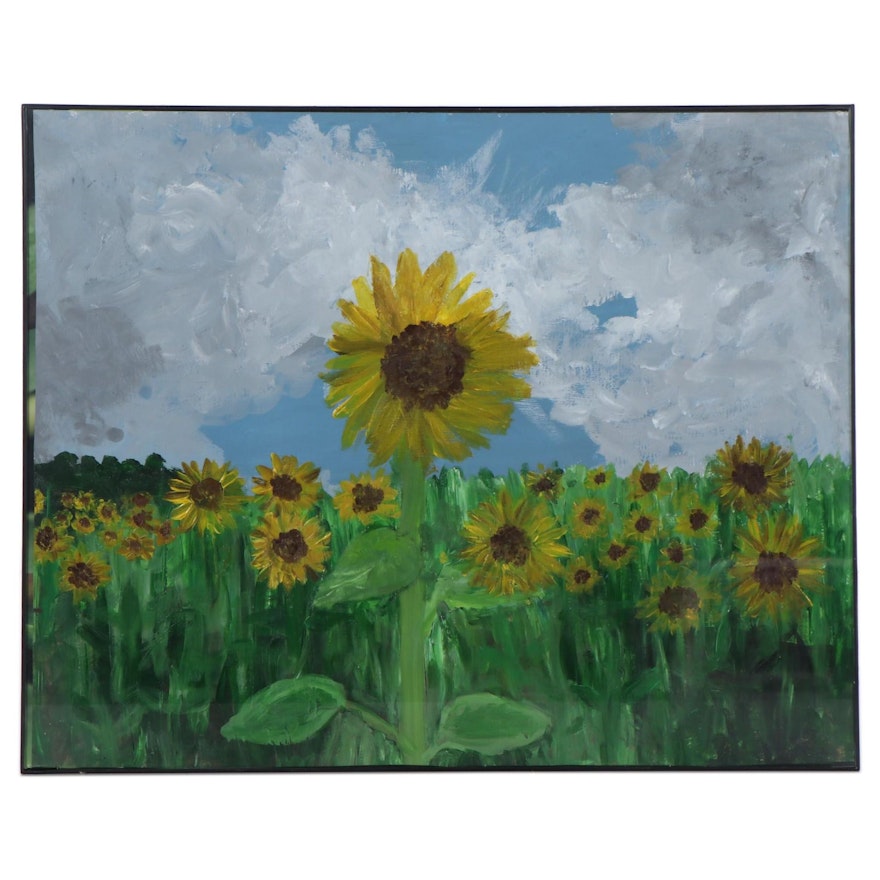 Acrylic Painting of Sunflower Field, Late 20th Century