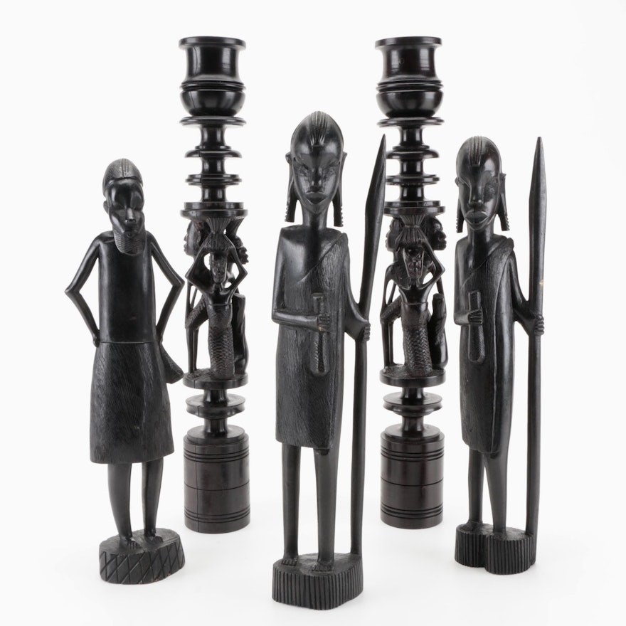 Kenyan Hand-Carved Ebonized Wood Maasai Figurines and Candlesticks