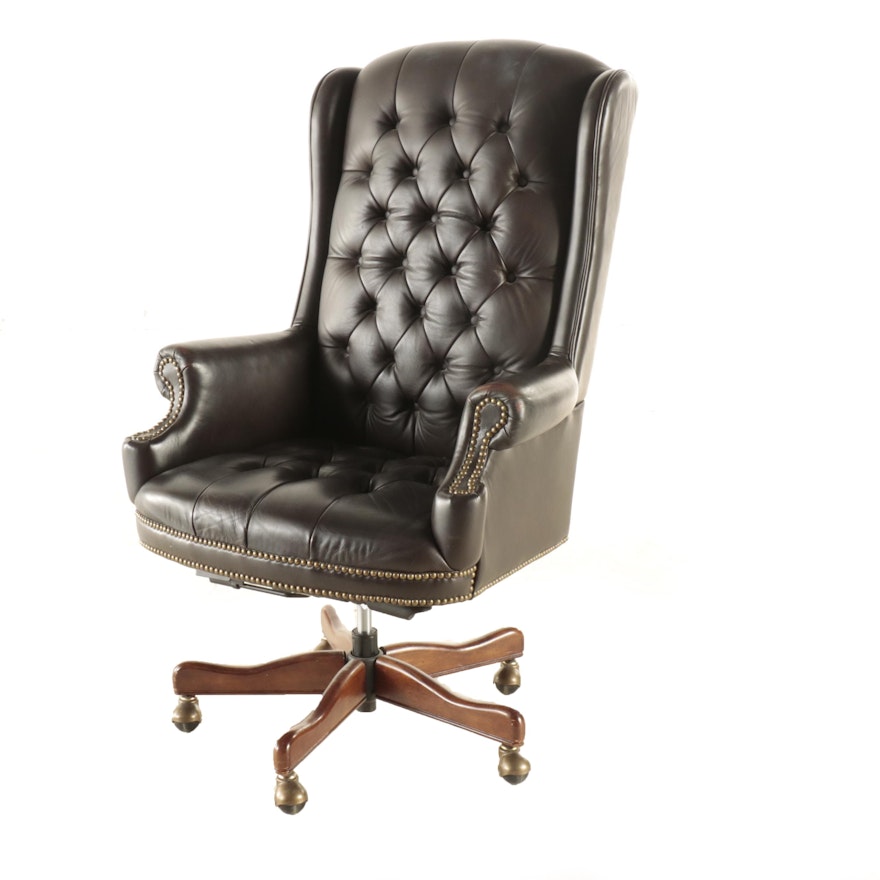 Brass-Tacked and Buttoned-Down Leather Swivel-Tilt Wingback Desk Chair