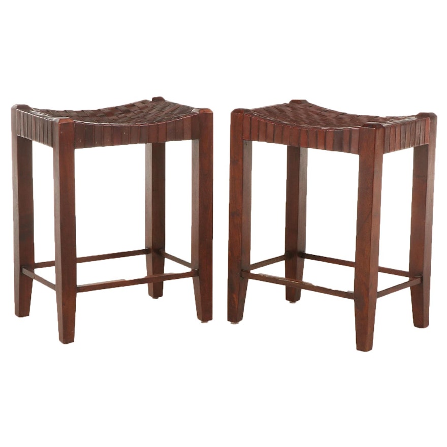 Pair of Counter Stools with Woven Leather Seats