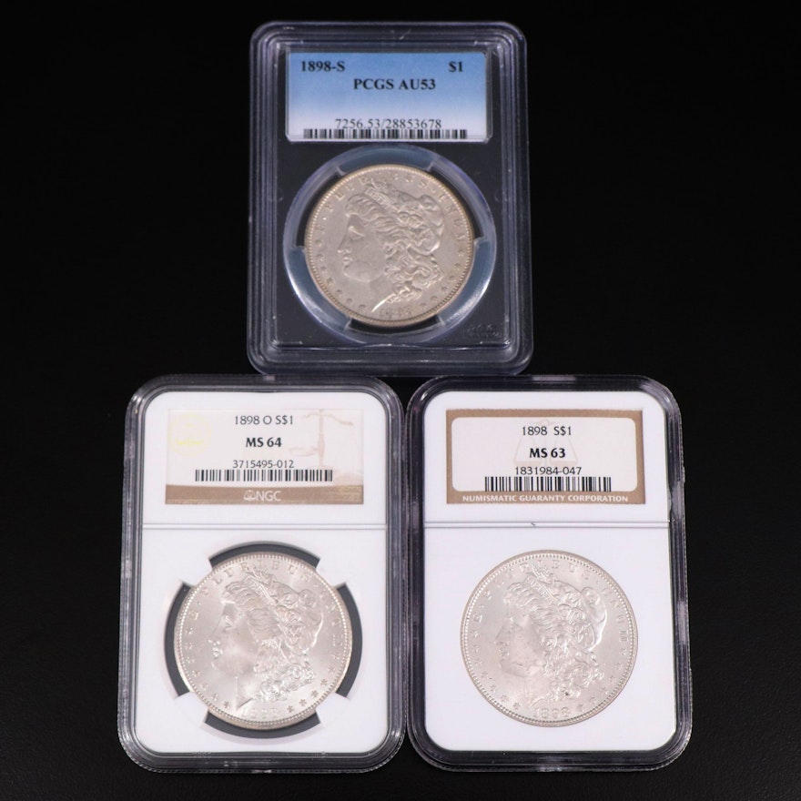 NGC MS63 1898, NGC MS64 1898-O and PCGS AU53 1898-S Morgan Silver Dollars