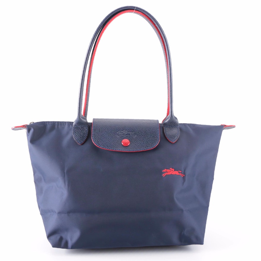Longchamp Le Pliage Club Medium Shoulder Tote in Blue Nylon and Embossed Leather