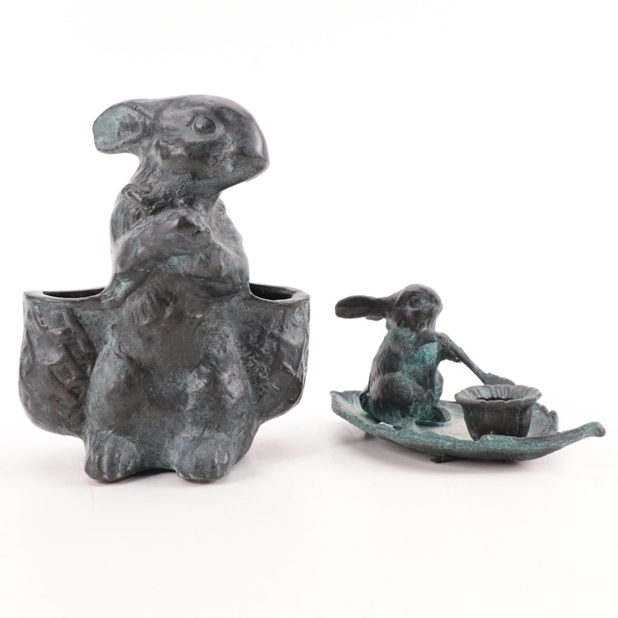 Andrea by Sadek Cast Metal Figural Candlestick with Rabbit Figure, Late 20th C.