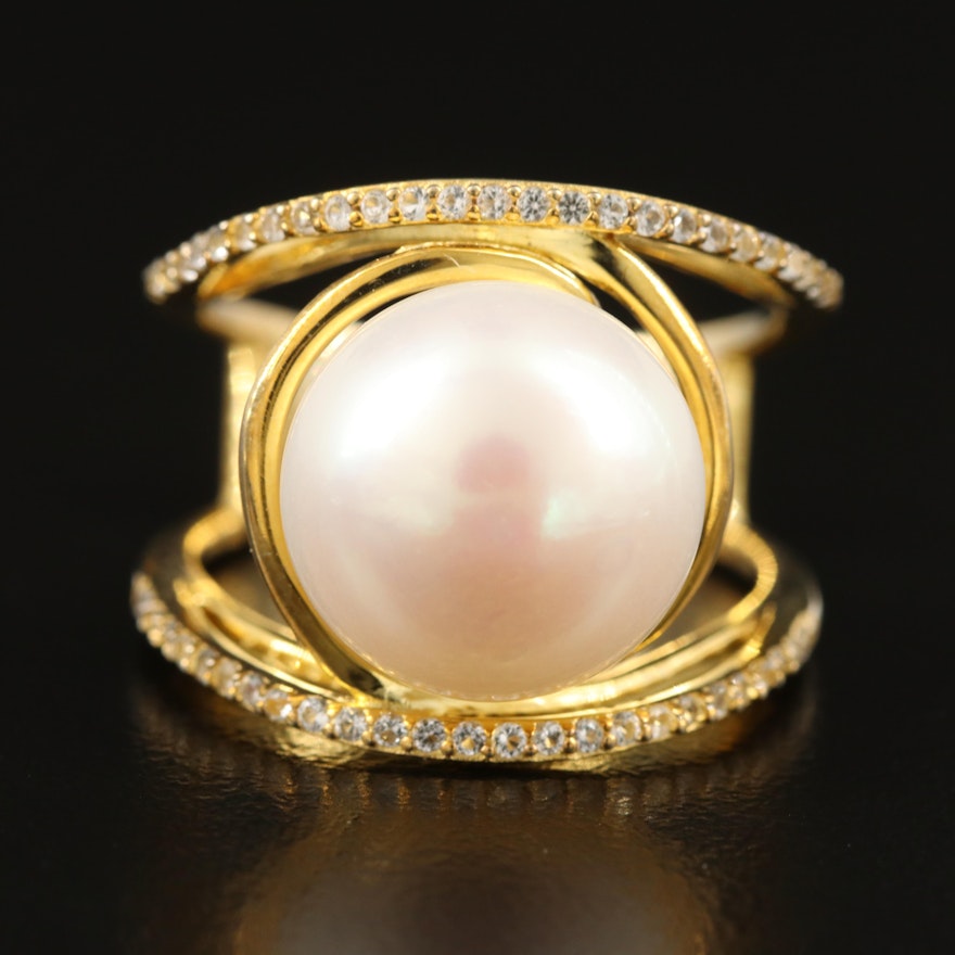 Sterling Pearl and Topaz Openwork Ring