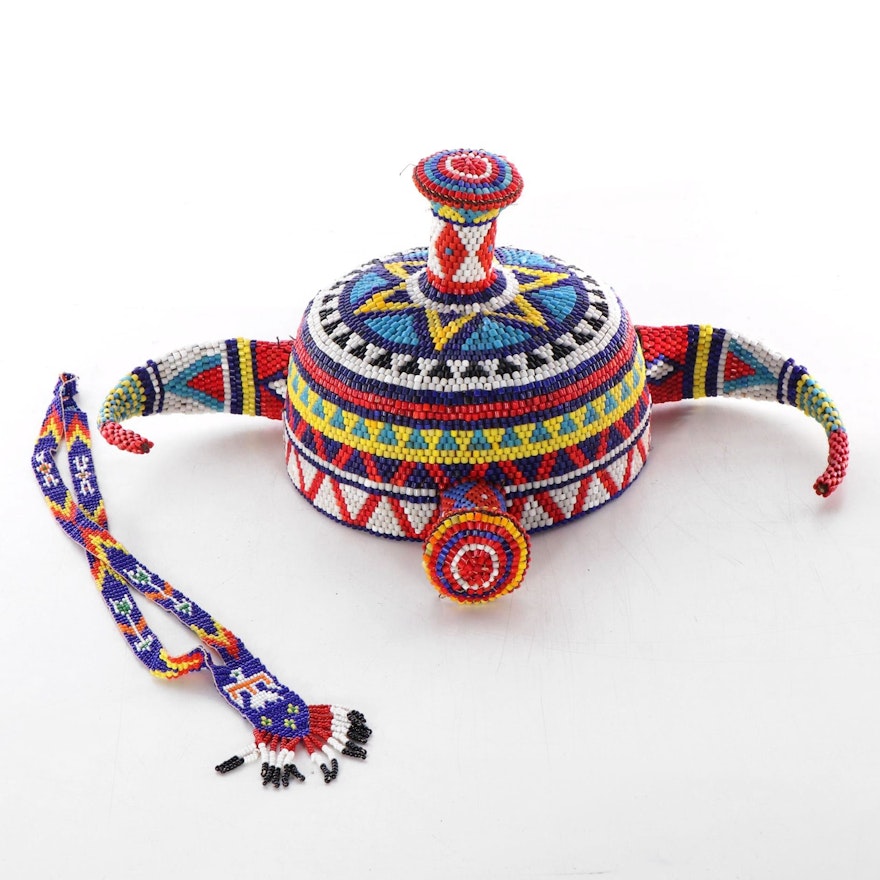 Pende Style Beaded Prestige Cap and Necklace, Central Africa