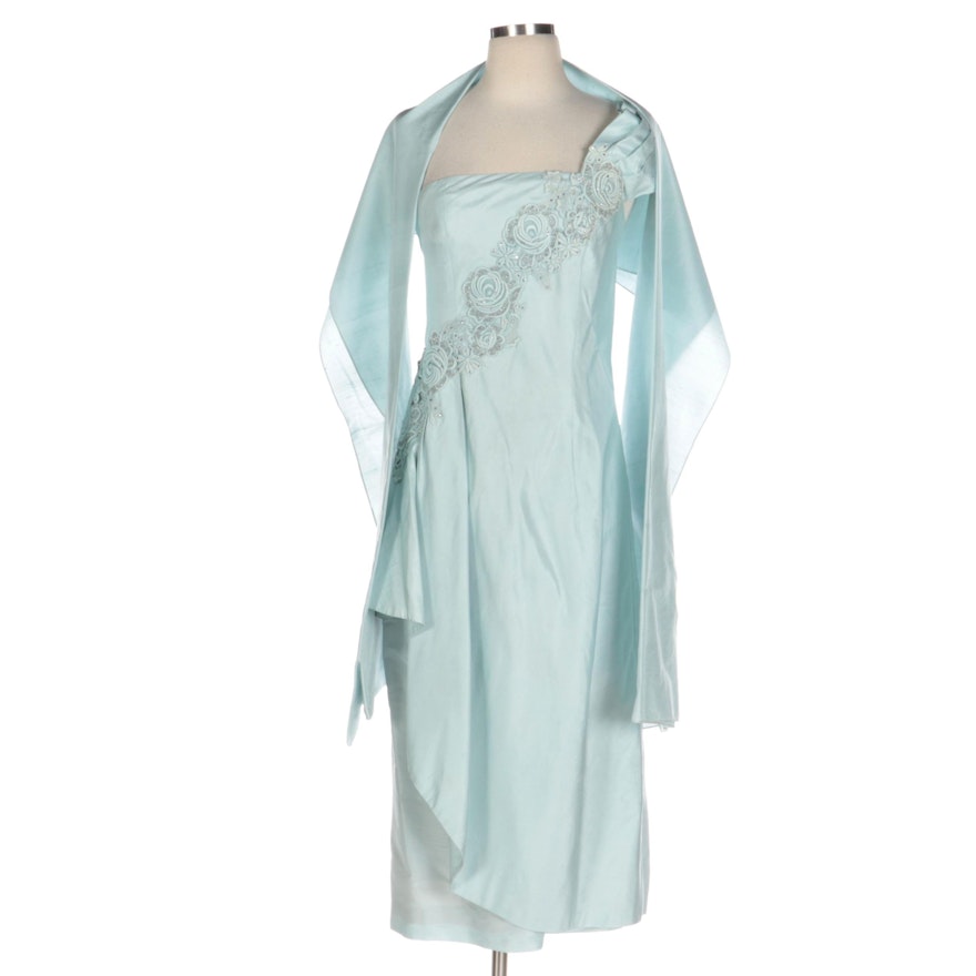 Mignon by Dorothy Farbo Embellished One-Shoulder Dress in Silk with Shawl