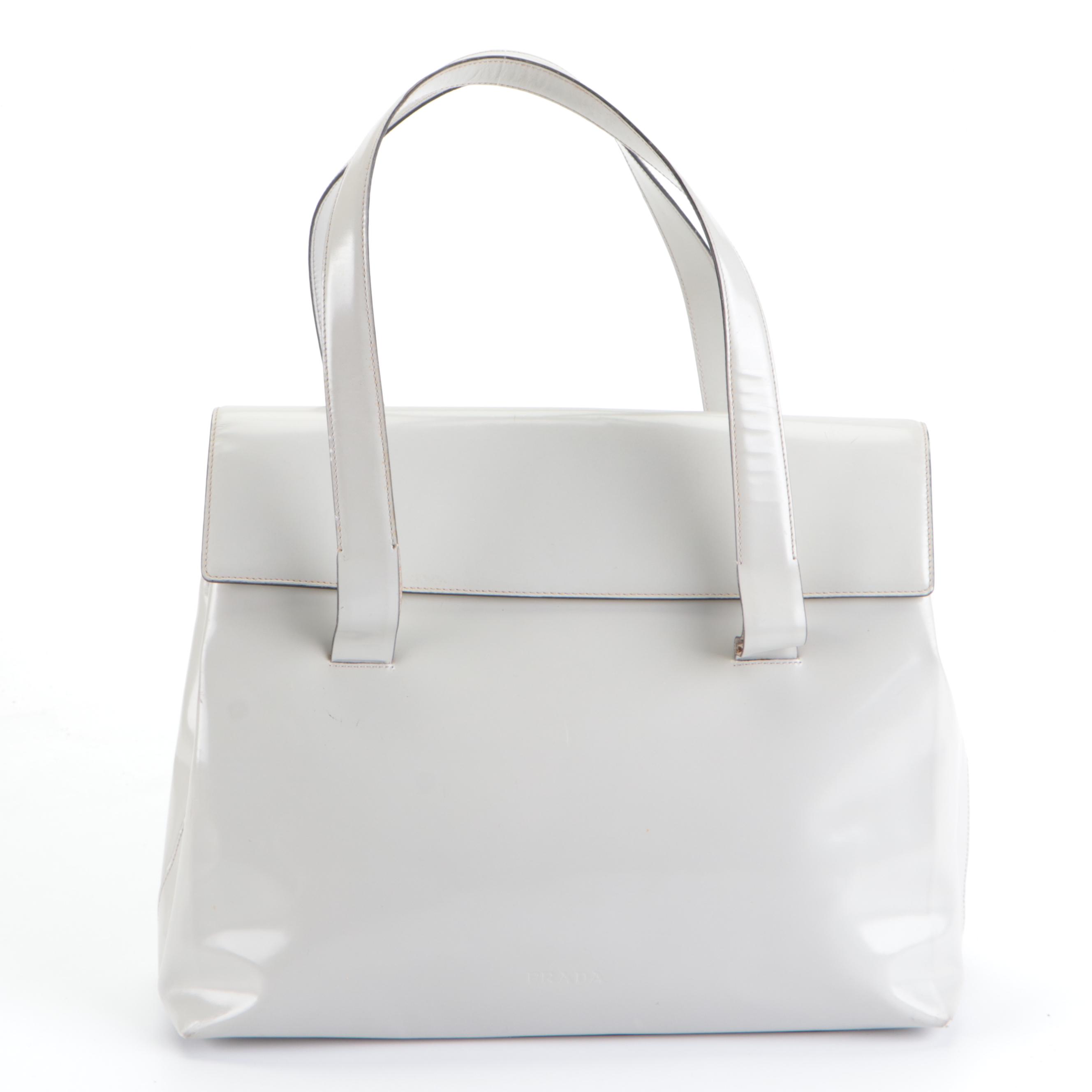 Prada Flap Closure Shoulder Bag in Dove Grey Polished Leather
