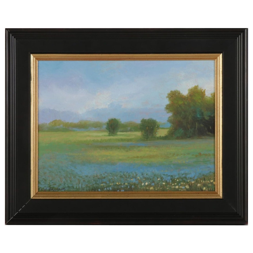 Sulmaz H. Radvand Oil Painting of Pastoral Landscape With Flowers, 2021