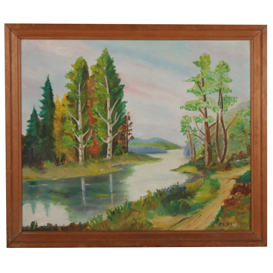 Landscape Oil Painting of Riverside Hiking Trail, 1954