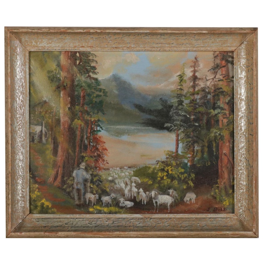 Shepherd Herding Sheep by Lake Oil Painting, Mid-Late 20th Century