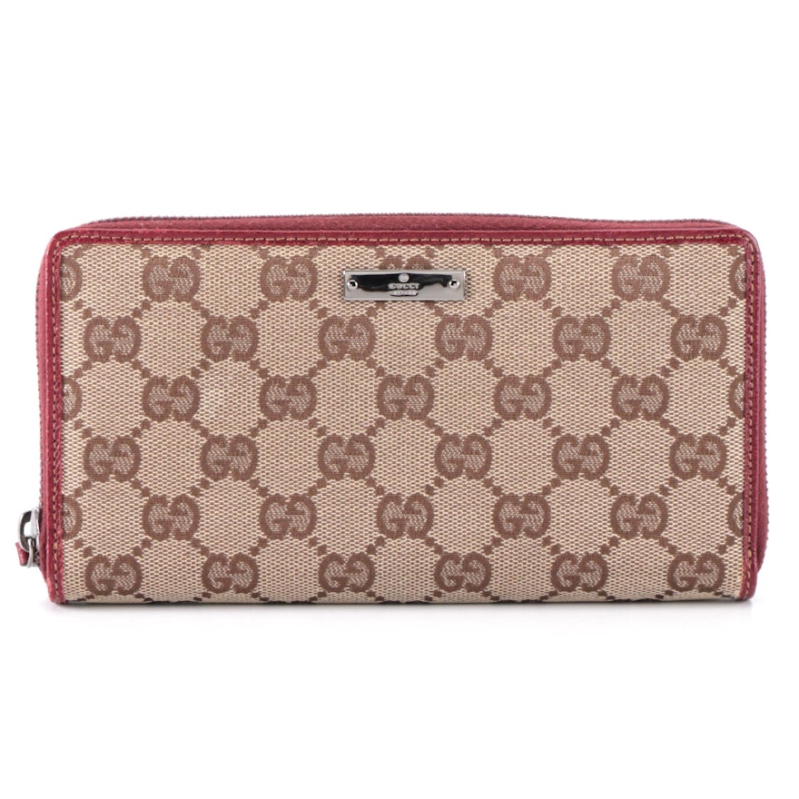 Gucci Zip-Around Wallet in Tan GG Canvas and Dark Red Leather