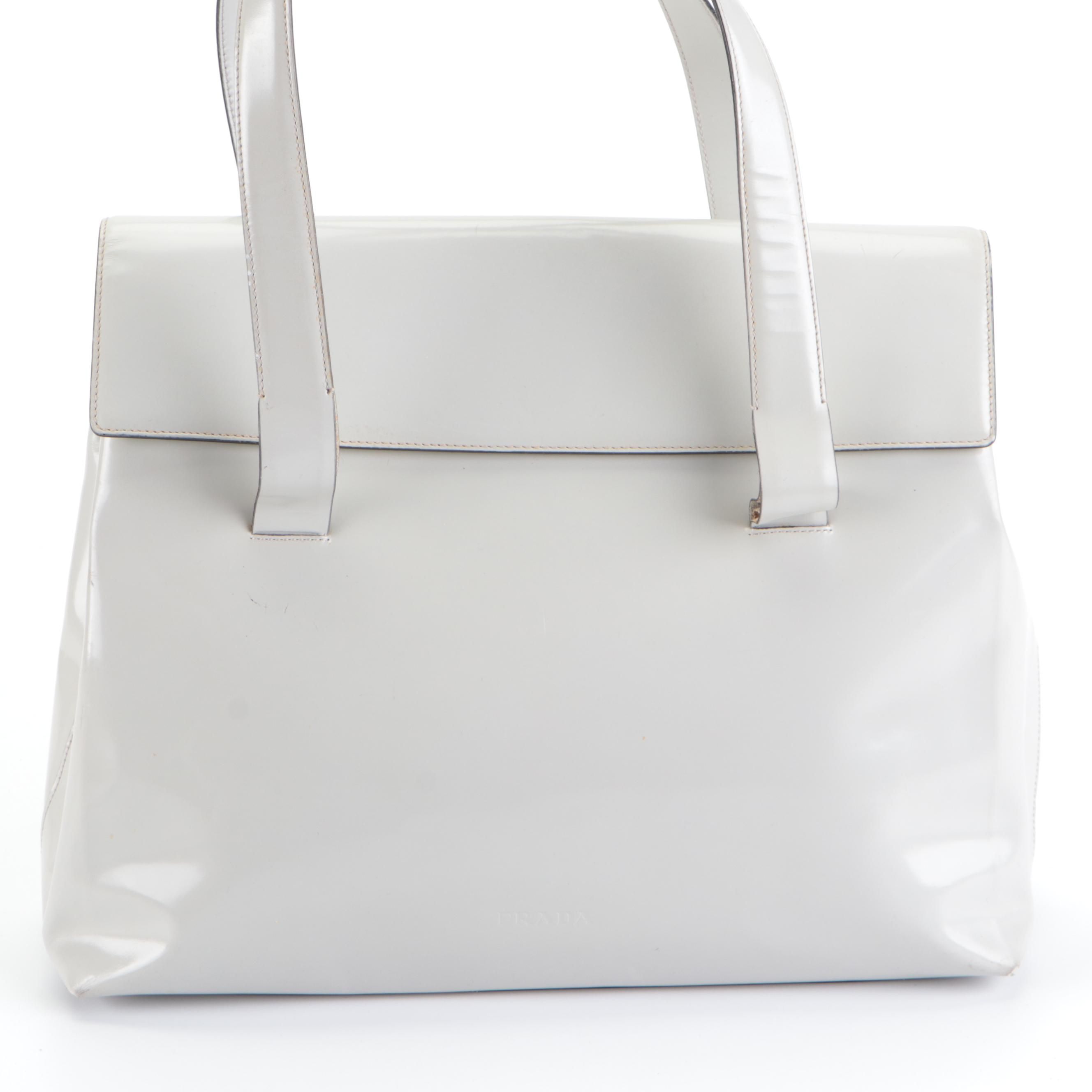 Prada Flap Closure Shoulder Bag in Dove Grey Polished Leather