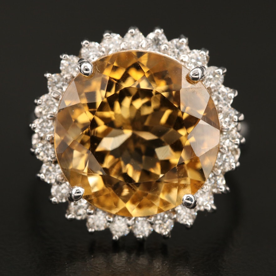 14K 10.03 CT Citrine and Diamond Halo Ring