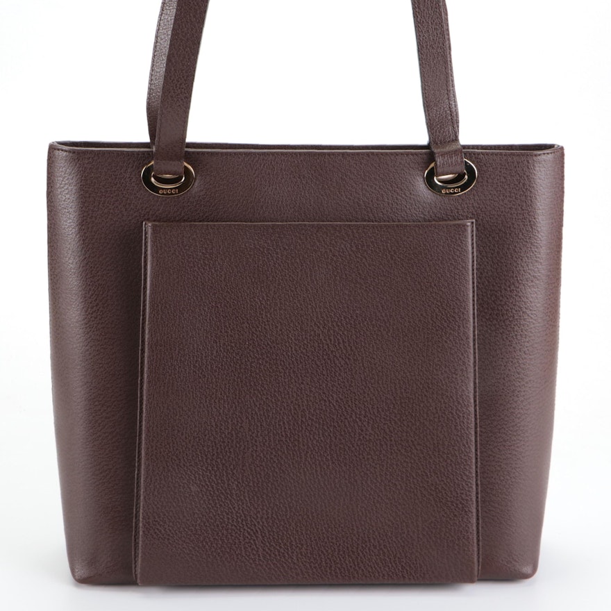 Gucci Front Pocket Shoulder Tote in Dark Brown Textured Leather