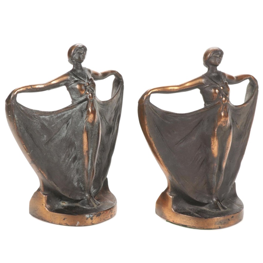 Art Deco Copper Accented Cast Iron Bookends