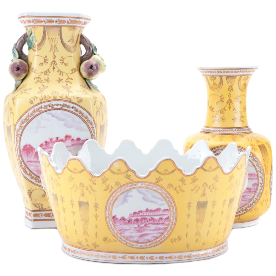 Chinese Famille Jaune Porcelain Vases and Cachepot