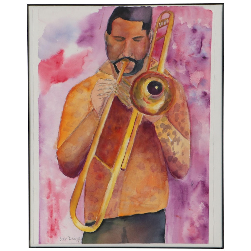 Ellen Briggs Watercolor Painting of Trombone Player, 21st Century