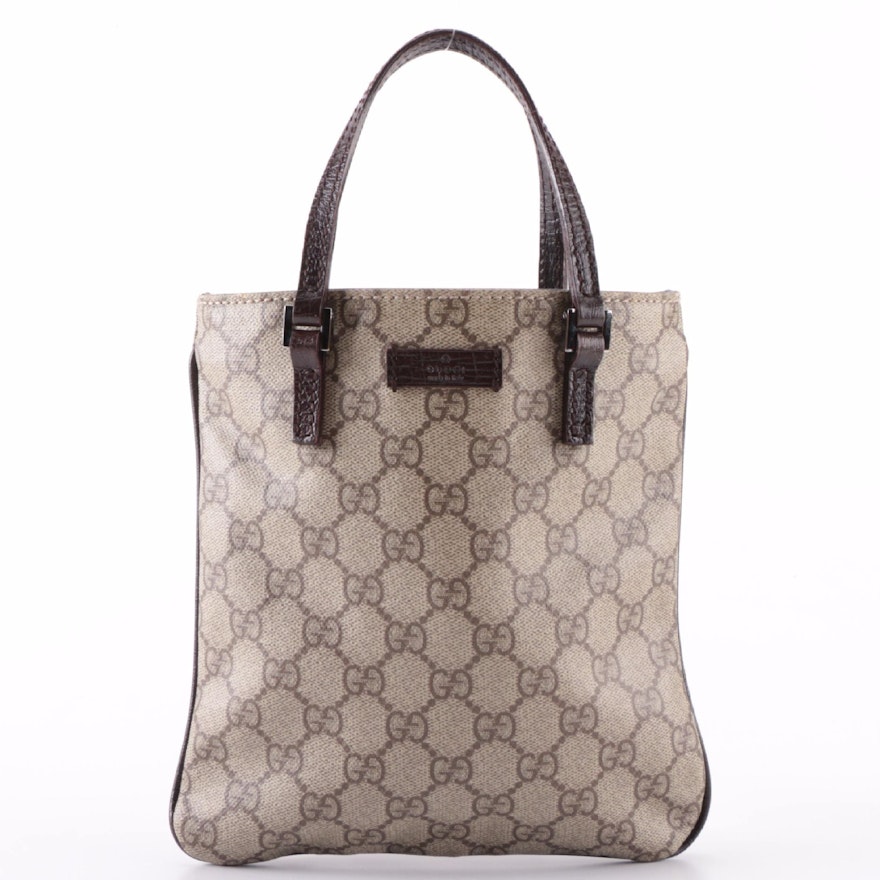 Gucci Tote Bag Small in GG Supreme Canvas and Dark Brown Leather
