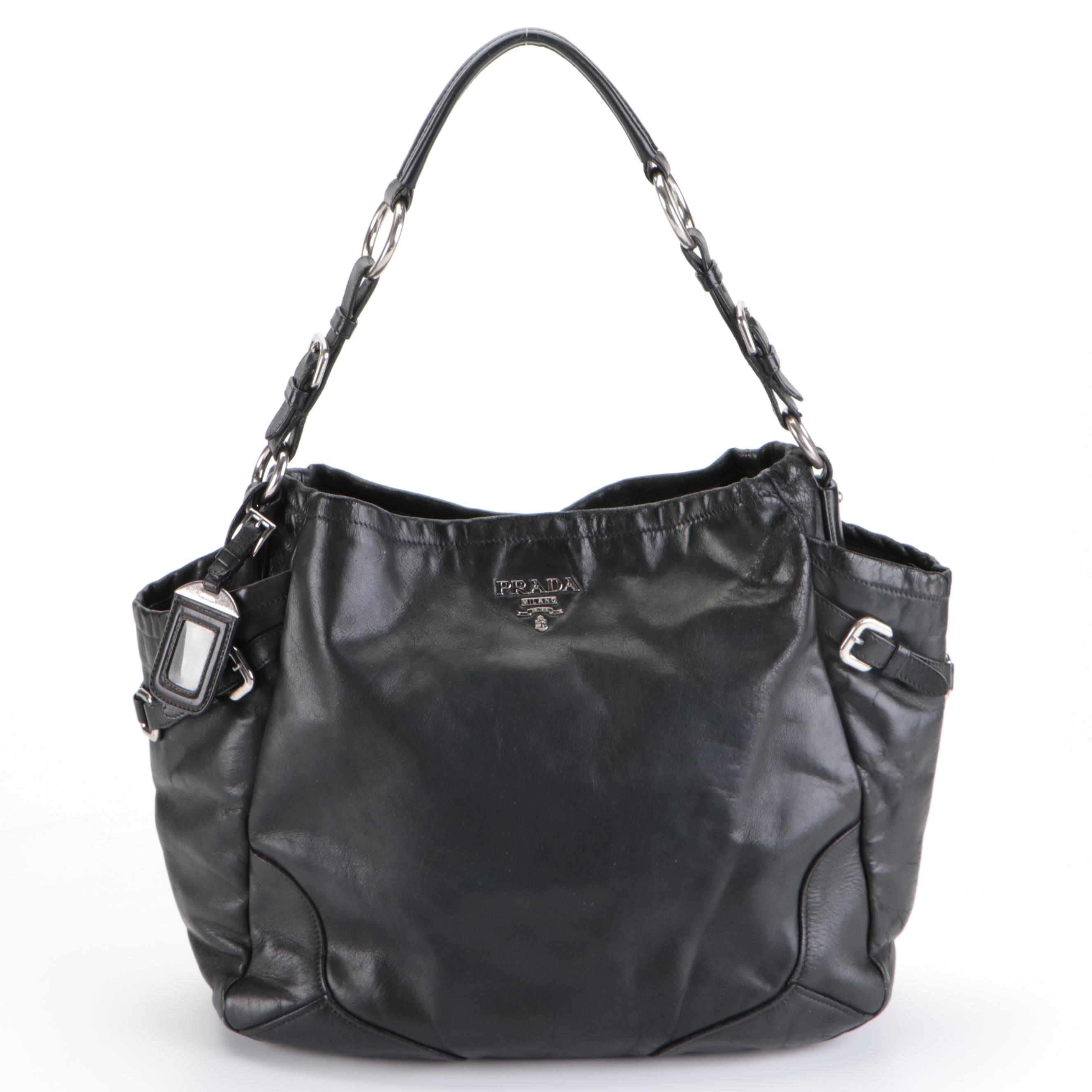 Prada Side Pocket Shoulder Bag with Buckle Strap Accents in Black Leather
