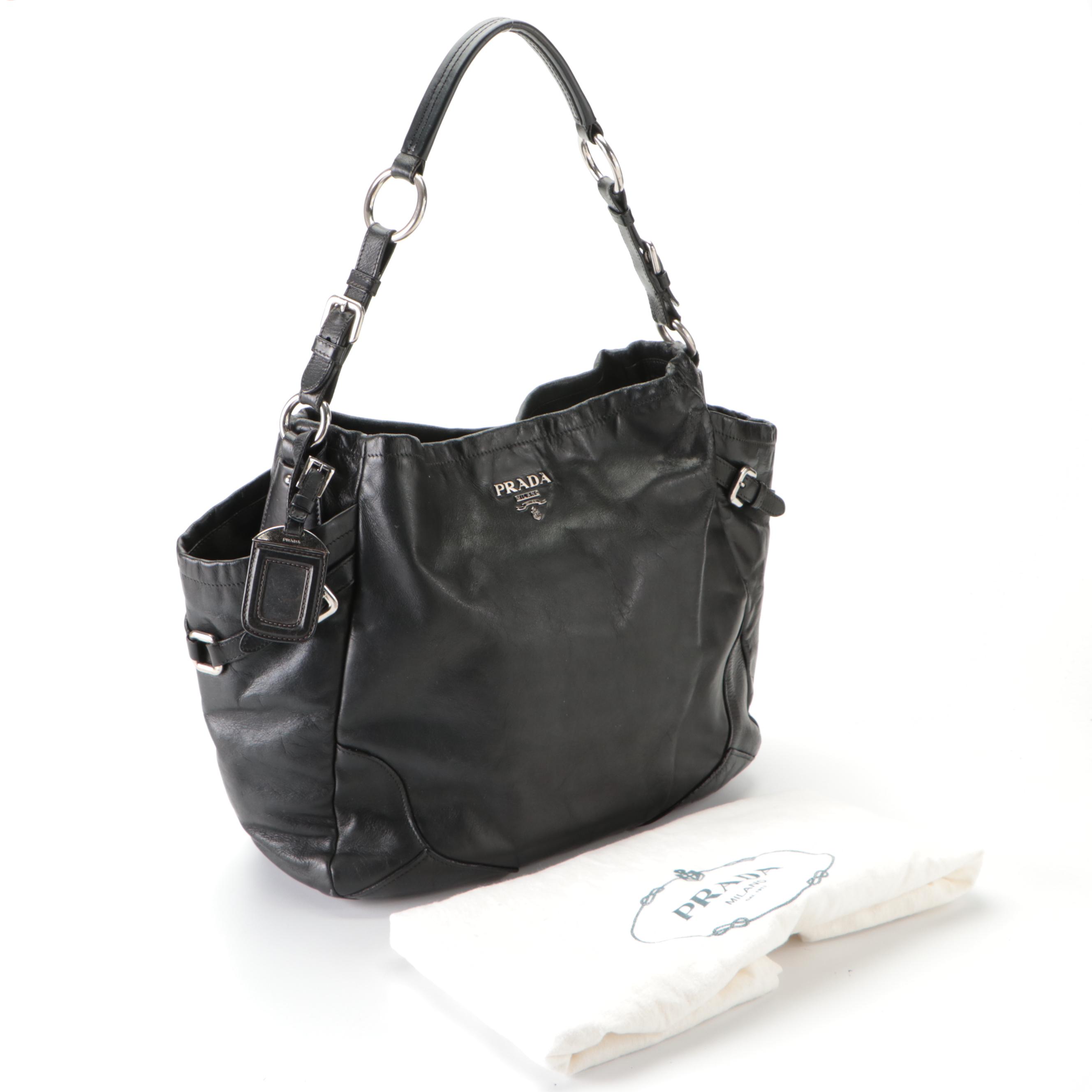 Prada Side Pocket Shoulder Bag with Buckle Strap Accents in Black Leather