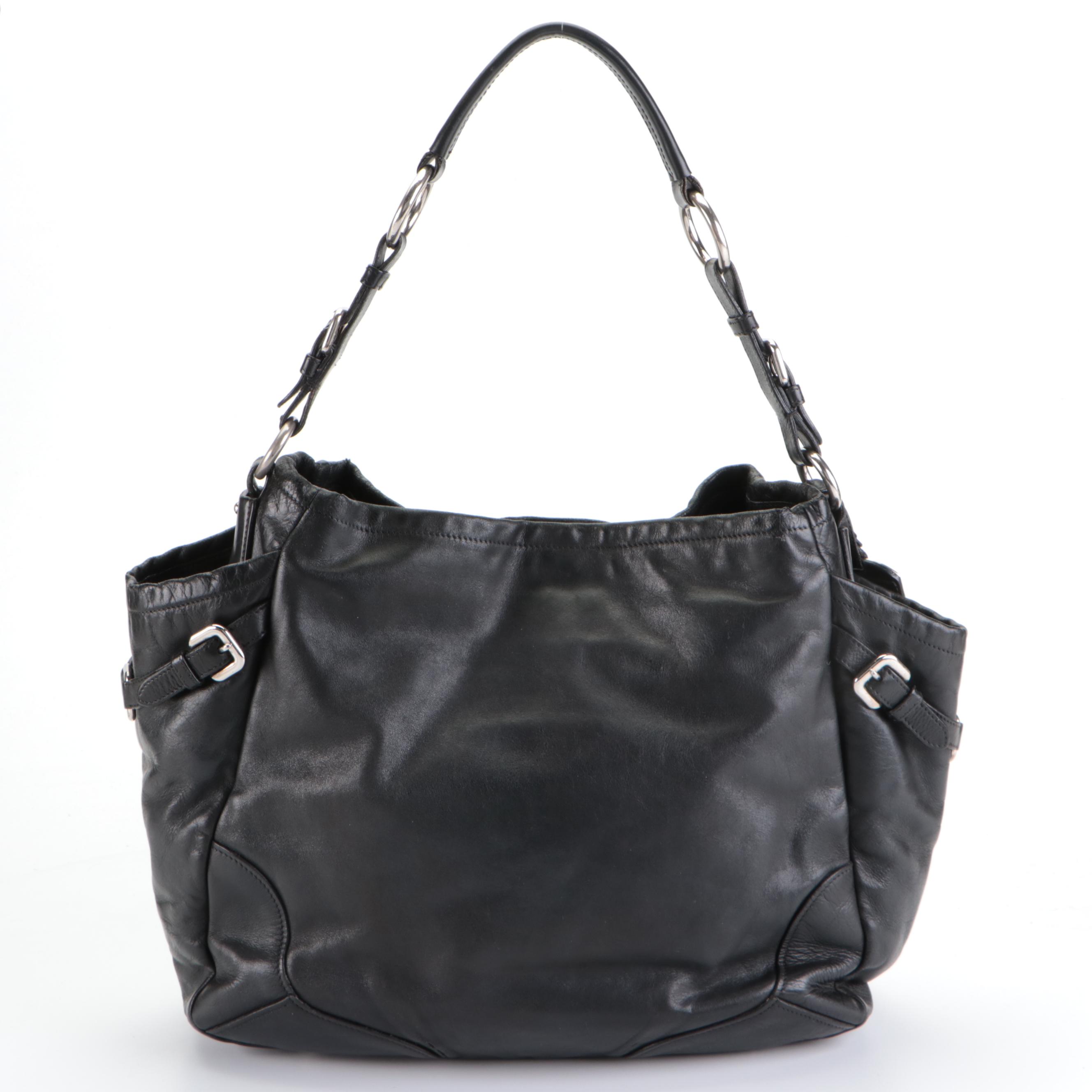 Prada Side Pocket Shoulder Bag with Buckle Strap Accents in Black Leather