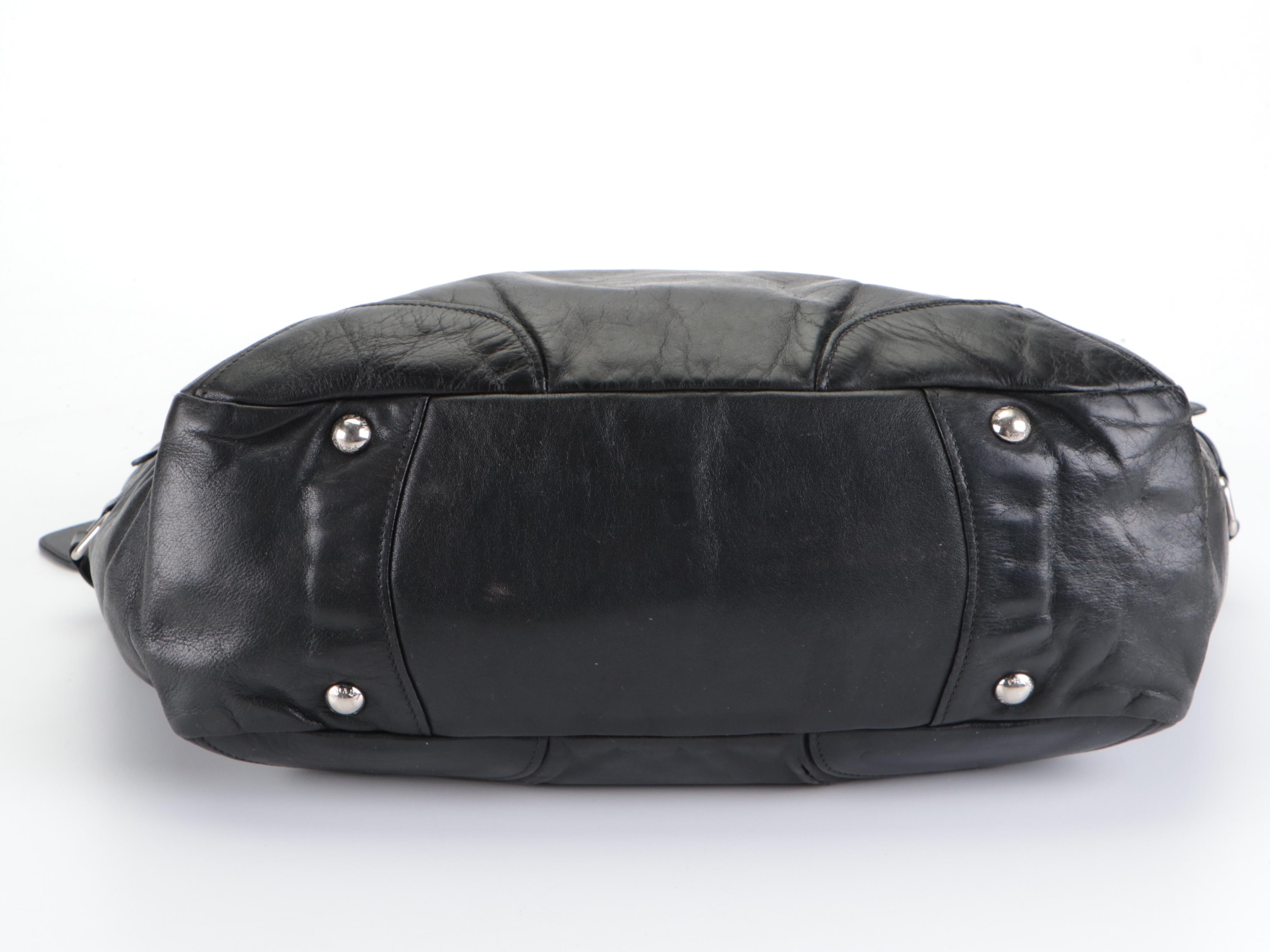 Prada Side Pocket Shoulder Bag with Buckle Strap Accents in Black Leather