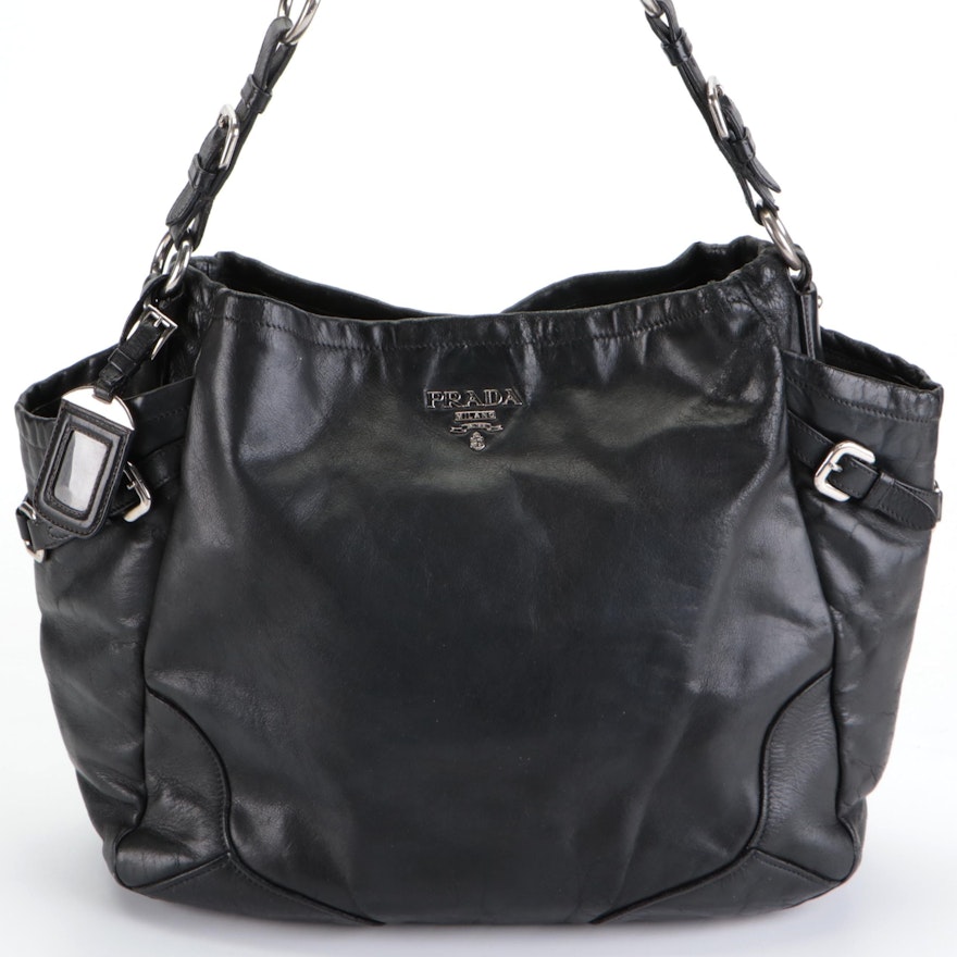 Prada Side Pocket Shoulder Bag with Buckle Strap Accents in Black Leather