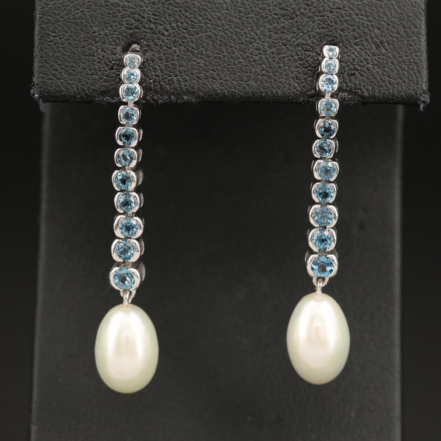 Sterling Pearl and London Blue Topaz Earrings