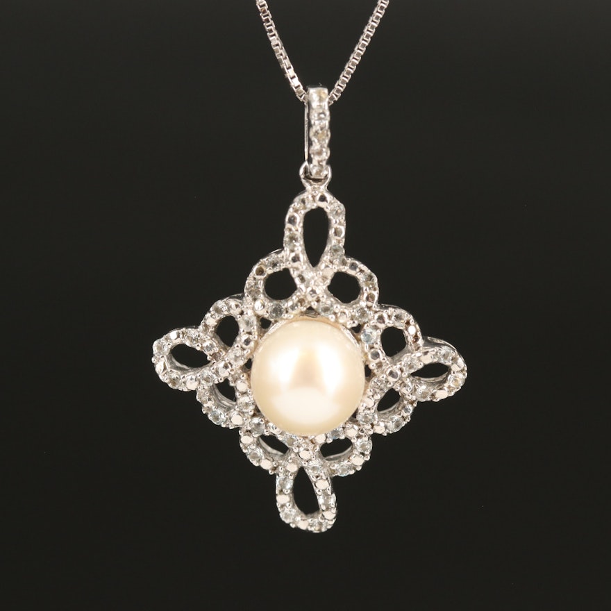 Sterling Pearl and Zircon Pendant Necklace