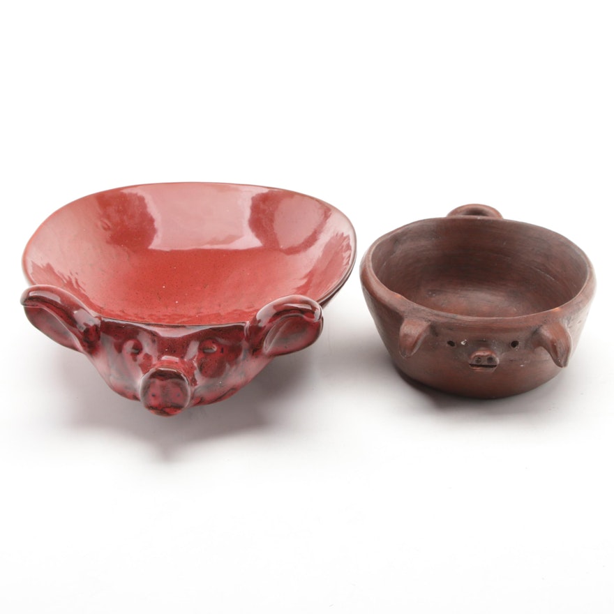 Glazed and Matte Earthenware Pig Serving Bowls